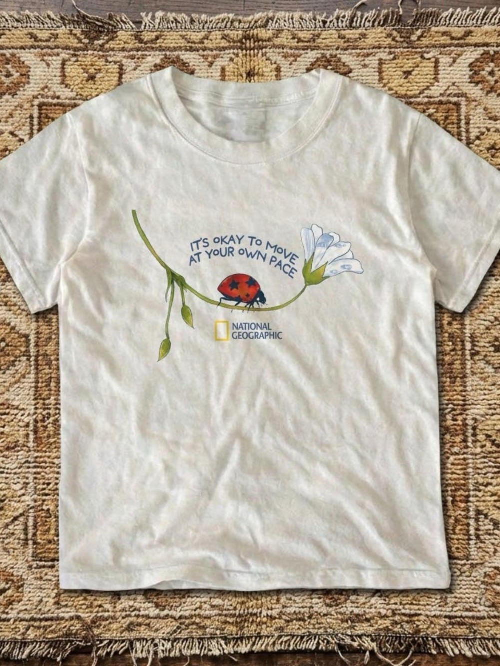 Gildan White Tee with Red Ladybug & Blue Flower Graphic